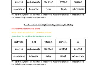 Year 3 Science RAG Rate key vocabulary