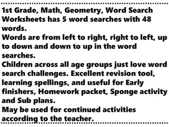 1st Grade, Math, Geometry, Word Search Worksheets, 48 Words