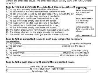 worksheets embedded clauses lessons punctuation grammar learning