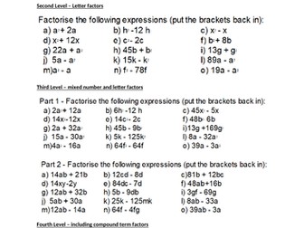 ALGEBRA - Factorising (factorizing) single bracket - DIFFERENTIATED LESSON with WORKSHEET & ANSWERS