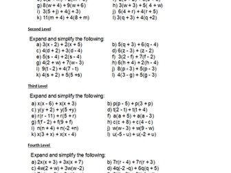 ALGEBRA Expand and Simplify - FULL LESSON & WORKSHEET - DIFFERENTIATED with ANSWERS