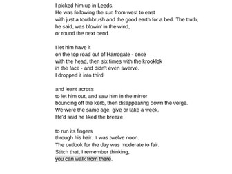 Lesson based on 'Hitcher' poem by Simon Armitage.