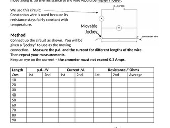 Scaffolded worksheet for "resistance of a wire vs length" practical