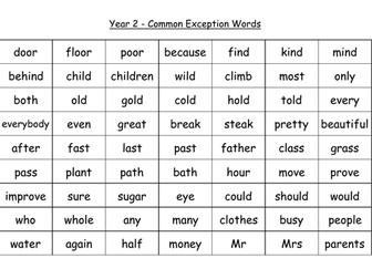 Year 2 Common Exception Word Grid