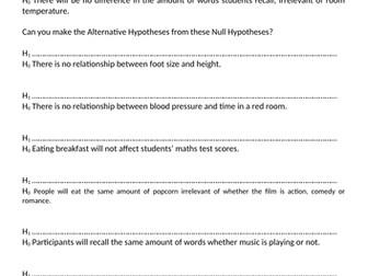 First worksheet on Alternate and Null hypotheses  Psychology GCSE 1-9