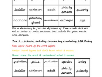 Year 5 Science RAG Rate key vocabulary