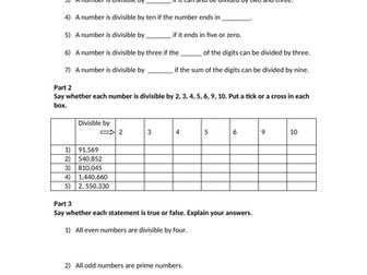 SUMMARY WORKSHEET ON DIVISIBILITY RULES