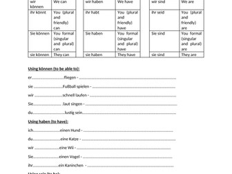 Smack the board + worksheet to practise koennen, haben and sein.