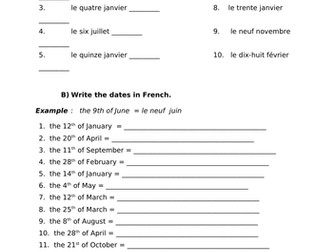 French months and dates worksheet