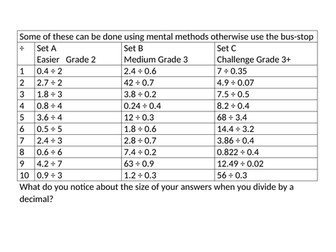 Decimal division practice, 3 levels of demand