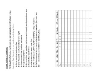 Place Value Questions with Table