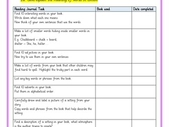 Reading Journal Content Domain Tasks for Independent Reading