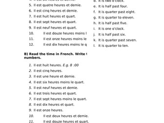 French: Time (L'heure) worksheets