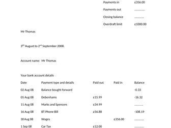 Negative number extension: fill in the gaps bank statement