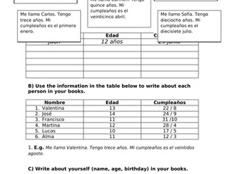 Spanish basic details - name, age, birthday worksheet