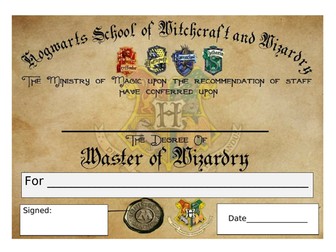 Harry Potter Hogwarts style assembly certificate
