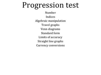 GCSE PROGRESSION TEST+Answers.  Number, Indices, Algebraic manipulation, Travel graphs...