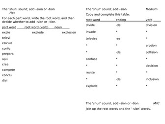 Spelling activity Year 4 shun words -sion