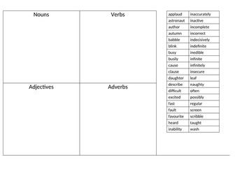 Sort words into verb, noun, adjective, adverb
