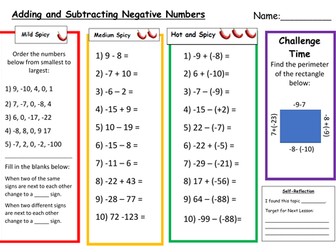 Adding and Subtracting Negative Numbers Differentiated Worksheet with Answers
