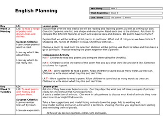 Year 2 List Poems planning
