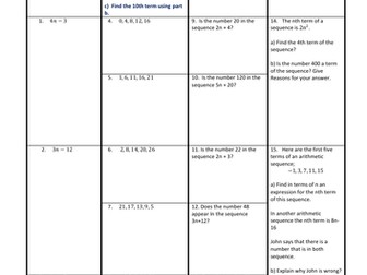 Arithmetic Sequences differentiated worksheet with solutions  GCSE Maths 9 -1