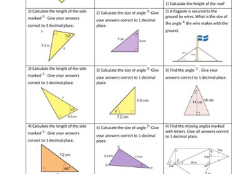 Trigonometry (SOHCAHTOA) differentiated worksheet with solutions to solve for sides and angles
