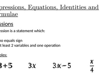 Expressions, Equations, Identities and Formulae