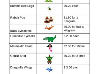 Magic Potion Price List for Witches Wizards or Halloween