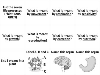 Year 7 - Cells, Tissues, Organs and Organ Systems Revision Question Cards