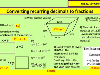 Converting recurring decimals to fractions