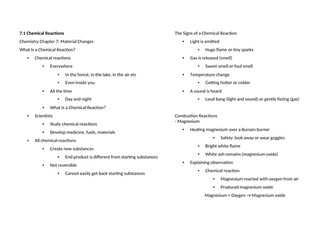 Notes: Cambridge Checkpoint and Beyond - Chemistry Secondary 1 (Year 8) Chapter 7 Material Changes