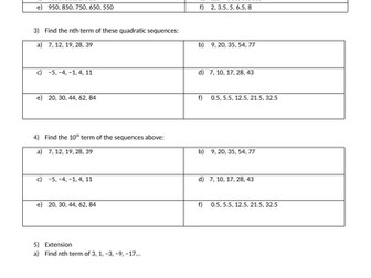 Quadratic nth term textbook exercise