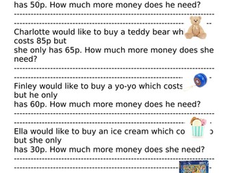 Year 2 - Money - Find the difference between 2 amounts