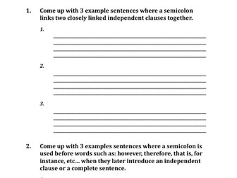 Semicolon Worksheet