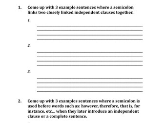 Semicolon Worksheet