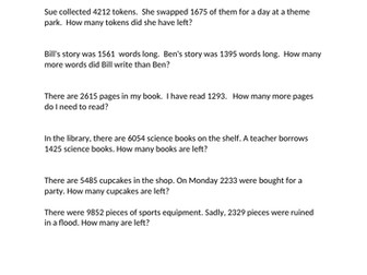 Subtraction word problems with 4-digit numbers