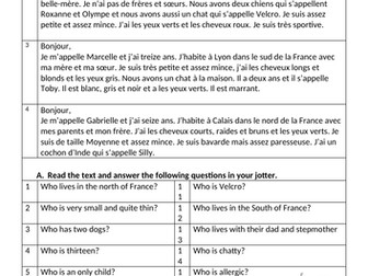 Reading comprehension , writing on personal details, pets and family