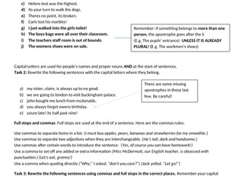 Literacy Worksheet  - Capital letters, full stops, commas, grammar and homophones!