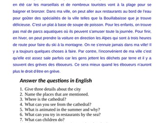 Ma ville reading comprehension