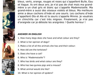les animaux reading comprehension