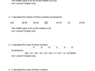 Median and mean worksheet