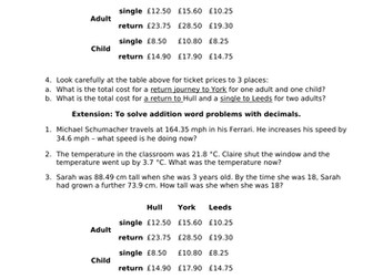 Decimal addition word problems Year 5
