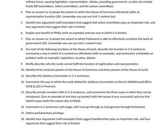 Parliament revision activities - Unit 2 Politics Edexcel