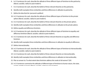 Feminism revision activities - Unit 2 Politics Edexcel
