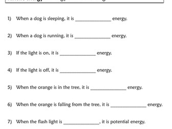 Kinetic or Potential Energy Worksheets