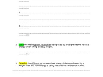 IGCSE Exam Questions:Aerobic&Anaerobic Respiration, Recovery and Short/Long-term effects of exercise