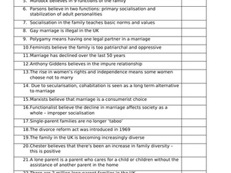 Component 1 - Family Review Quiz  58 statements! Sociology