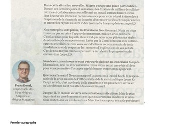 French B IB Reading comprehension COVID 19 Vivre solidaire en Suisse