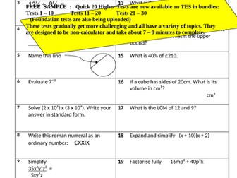 Quick 20 maths test Higher ability FREE sample mixed topics
